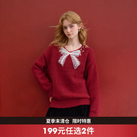 西遇钉珠蝴蝶结红色毛衣女冬季新款V领氛围感套头针织衫H0055333