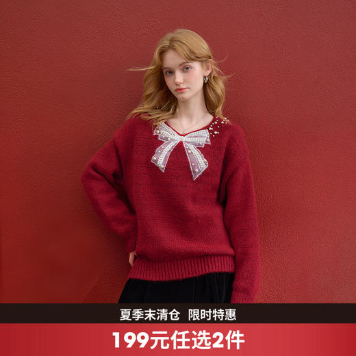 西遇钉珠蝴蝶结红色毛衣女冬季新款V领氛围感套头针织衫H0055333 商品图0