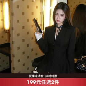 西遇黑色西装连衣裙女新款通勤v领拼接收腰长袖裙子SS150082