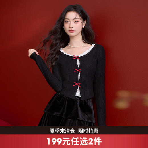 复古假两件拼接蕾丝花边蝴蝶结针织开衫女长袖T恤V0150112 商品图0