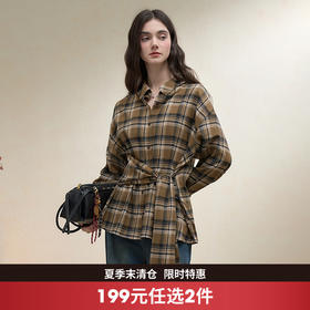 西遇复古绑带收腰叠穿格子衬衫女秋季新款宽松显瘦设计感衬衣V3051246