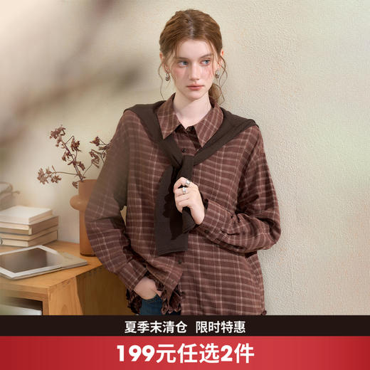 西遇复古格纹衬衫女秋季新款木耳边设计感宽松显瘦长袖上衣V0055251 商品图0