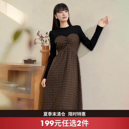 西遇气质撞色格纹拼接长袖连衣裙女秋季抽褶高腰显瘦A字裙V0055252 商品图0
