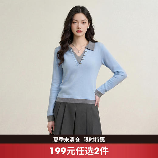西遇复古修身假两件针织衫女2026年春季新款翻领撞色显瘦长袖毛衣10260068 商品图0