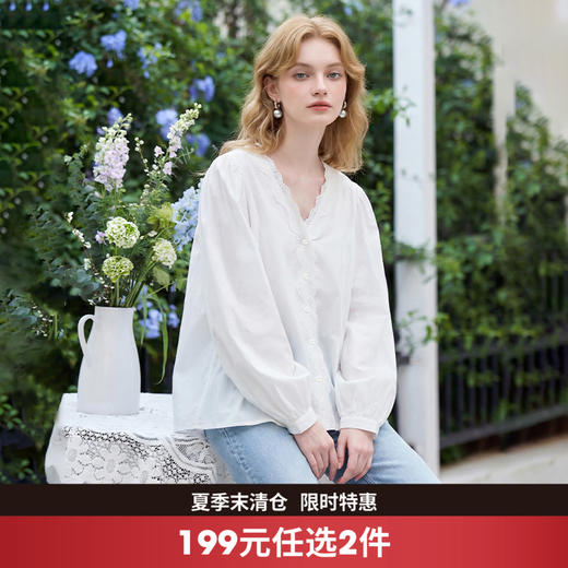 西遇法式v领2026春新款轻薄褶皱全棉贴花边泡泡袖上衣长袖女衬衫 商品图0