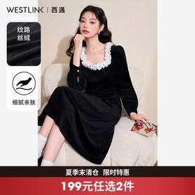法式优雅丝绒连衣裙女秋冬甜美花边圆领长袖小黑裙V4343574