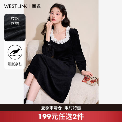 法式优雅丝绒连衣裙女秋冬甜美花边圆领长袖小黑裙V4343574 商品图0