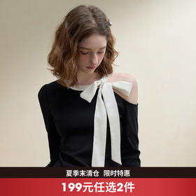 西遇法式千金蝴蝶结露肩长袖T恤女秋季辣妹修身短款针织上衣V2551150