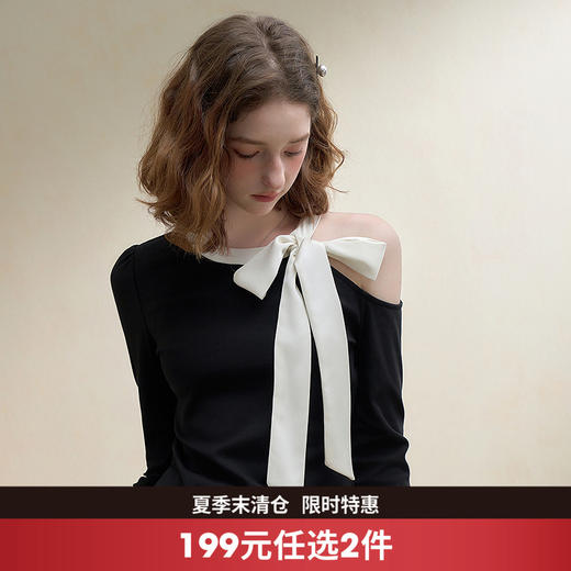 西遇法式千金蝴蝶结露肩长袖T恤女秋季辣妹修身短款针织上衣V2551150 商品图0